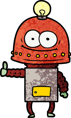 Bir insan tarafından çizilmiş ampullü mutlu karton robot.