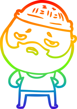 Bir insan tarafından çizilmiş sakallı, endişeli bir çizgi film çizimi.