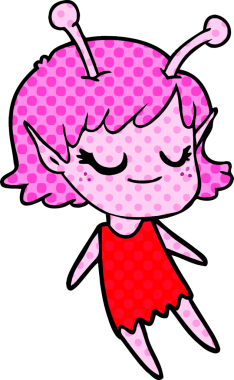 Bir insan tarafından çizilmiş gülümseyen uzaylı kız çizgi filmi.