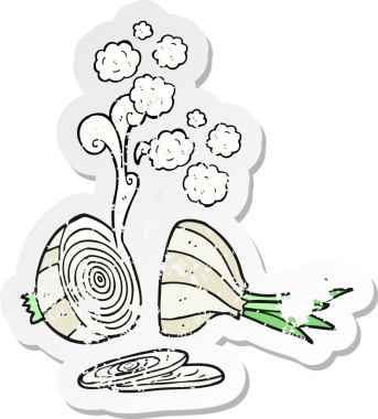 Bir insan tarafından çizilmiş dilimlenmiş soğanın retro depresif yapıştırması.