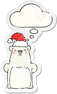 Düşünce baloncuklu Noel şapkası takan çizgi film ayısı insan tarafından çizilmiş yıpranmış bir çıkartma.