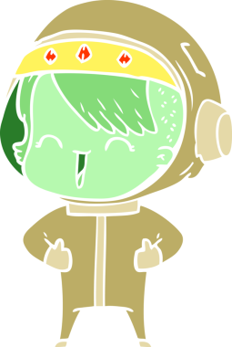 Bir insan tarafından çizilmiş mutlu düz renkli çizgi film kızı.