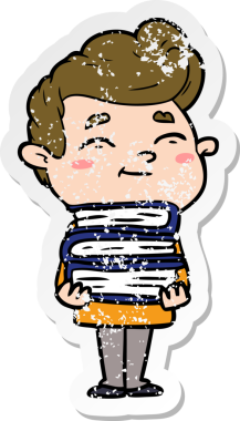 Bir insan tarafından çizilmiş bir yığın yeni kitabı olan mutlu bir çizgi film karakterinin sıkıntılı çıkartması.