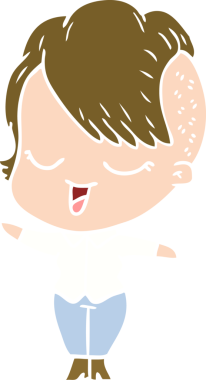 Bir insan tarafından çizilmiş mutlu düz renkli çizgi film kızı.