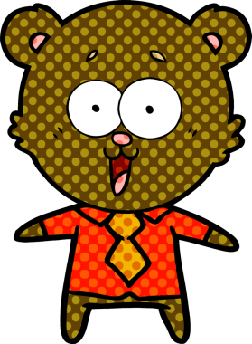 Bir insan tarafından çizilmiş tişörtlü ve kravatlı gülen ayıcık çizgi filmi.