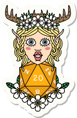 Bir insan tarafından çizilmiş nautral yirmilik zarlı bir Elf Druid karakterinin çıkartması.