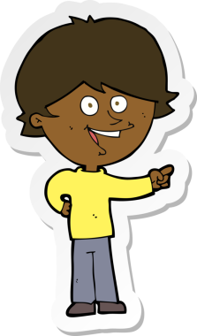 Bir insan tarafından çizilmiş, gülen ve işaret eden bir çizgi film çocuğunun çıkartması.