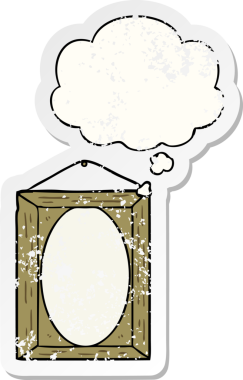 Düşünce baloncuklu resim çerçevesi bir insan tarafından çizilmiş yıpranmış bir çıkartma gibi.