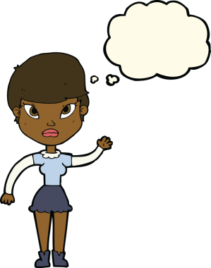 Bir insan tarafından çizilmiş düşünce baloncuğuyla el sallayan çizgi film kadını.