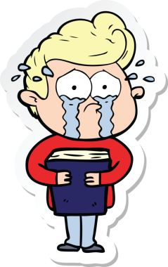 Bir insan tarafından çizilmiş kitabı tutan ağlayan bir adamın çıkartması.