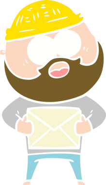 Düz renkli çizgi film. Sakallı adamın elinde bir insan tarafından çizilmiş bir mektup olmasına şaşırdı.