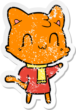 Bir insan tarafından çizilmiş eşarp giyen mutlu bir kedinin sıkıntılı çıkartması.