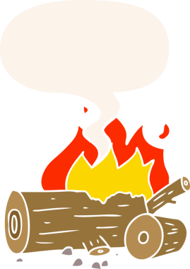 Bir insan tarafından çizilmiş, konuşma baloncuklu karikatür kamp ateşi.