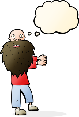 Karikatür sakallı yaşlı adam. Düşünce baloncuğu insan tarafından çizilmiş.