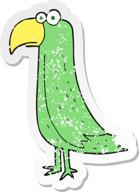 Bir insanın çizdiği karikatür papağanının kederli retro yapıştırması.