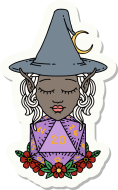 Bir insan tarafından çizilmiş doğal yirmi zarlı elf büyücü karakterinin çıkartması.