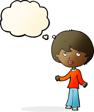 Bir insan tarafından çizilmiş düşünce baloncuğuyla düşünen çizgi film kadını.