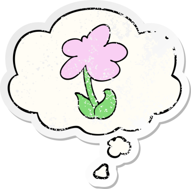 Düşünce baloncuğu olan sevimli bir karikatür çiçeği insan tarafından çizilmiş yıpranmış bir çıkartma gibi.