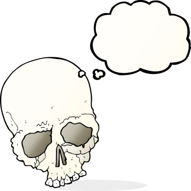 Bir insan tarafından çizilmiş düşünce baloncuklu ürkütücü yaşlı kafatası.