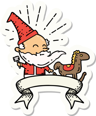 Bir dövme stili Noel Baba karakterinin çıkartması. Bir insan tarafından çizilmiş oyuncak.