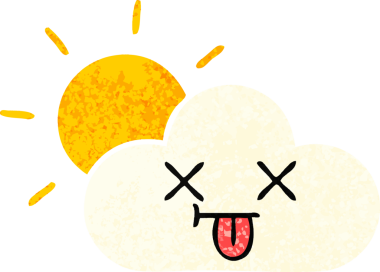 Bir insan tarafından çizilmiş güneş ışığı ve bulutun retro çizim tarzı karikatürü