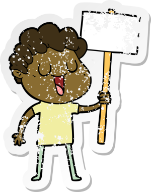 Bir insan tarafından çizilmiş siyah levhası olan, gülen bir çizgi film karakterinin sıkıntılı çıkartması.