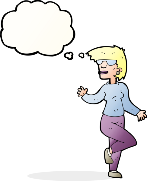 Bir insan tarafından çizilmiş düşünce baloncuğuyla el sallayan çizgi film kadını.