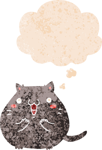 Mutlu çizgi film kedisi. Düşünce baloncuğu ve grunge dertli eski moda bir insan tarafından çizilmiş.