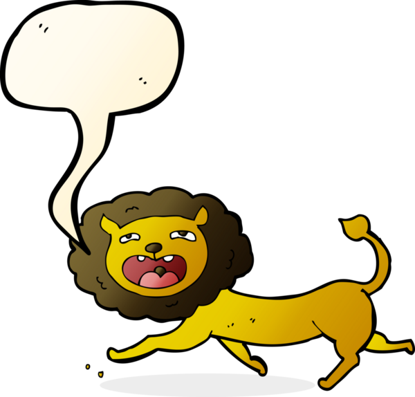 Bir insan tarafından çizilmiş konuşma balonlu çizgi film aslanı.