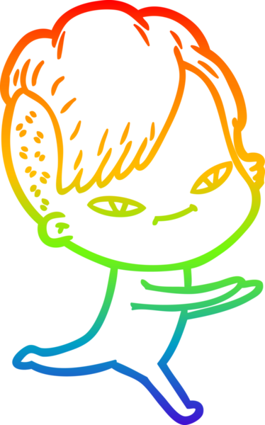 Gökkuşağı gradyan çizimi. Hipster saç kesimi bir insan tarafından çizilmiş şirin bir çizgi film kızı.