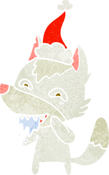 Aç bir kurdun insan tarafından çizilmiş Noel Baba şapkası taktığı eski bir çizgi film.