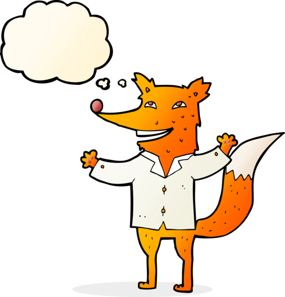 Bir insan tarafından çizilmiş düşünce balonlu tişört giyen mutlu tilki çizgi filmi