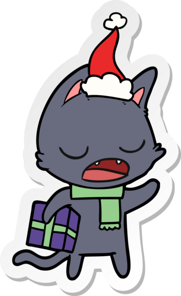 Konuşan kedi eli çizilmiş bir karikatür. Bir insan tarafından çizilmiş Noel Baba şapkası.
