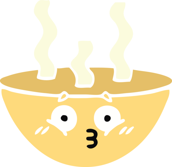 Bir insan tarafından çizilmiş sıcak çorba kasesinin düz renkli retro karikatürü