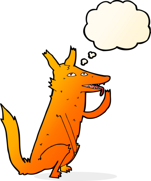 Bir insan tarafından çizilmiş düşünce baloncuğuyla pençelerini yalayan tilki.