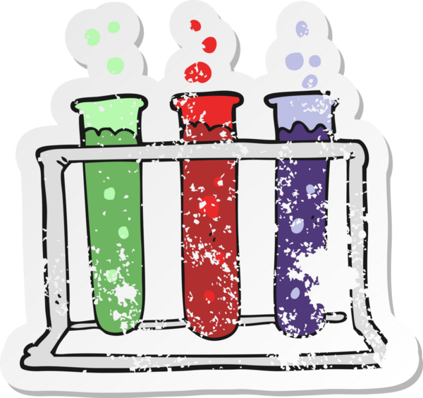 Bir insan tarafından çizilmiş test tüplerinin olduğu çizgi film etiketi.