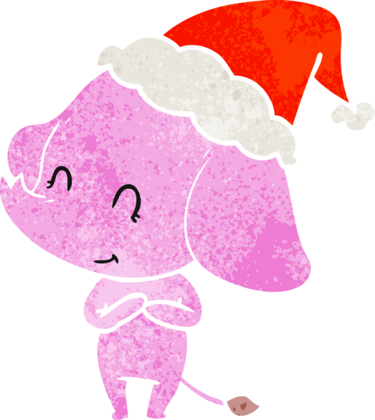 Bir insan tarafından çizilmiş Noel Baba şapkası takan bir fil çizilmiş.