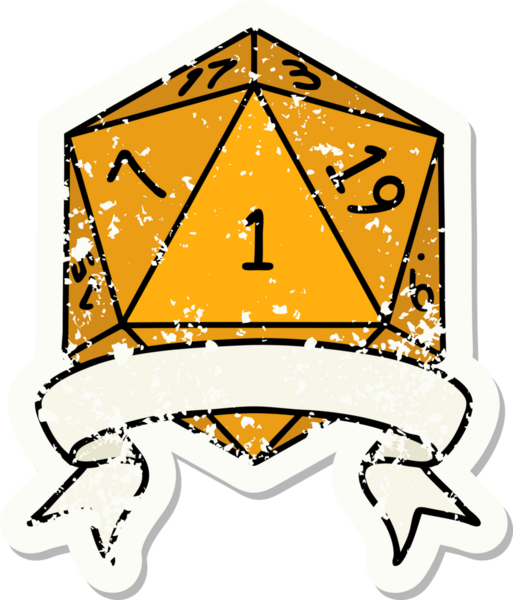 Bir insan tarafından çizilmiş doğal bir d20 zarının grunge çıkartması.