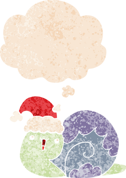 Hoş bir çizgi film Noel salyangozu. Grunge 'da düşünce baloncuğu var. Eski moda bir insan tarafından çizilmiş.