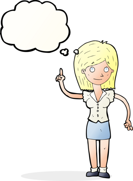 Bir insan tarafından çizilmiş düşünce baloncuğu fikri olan karikatür kadın.