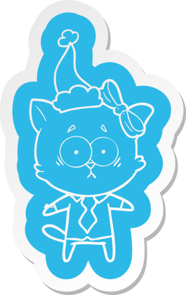 Bir insan tarafından çizilmiş Noel Baba şapkası takan bir kedinin garip karikatür çıkartması.