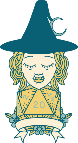 Retro Dövme Biçimi Bir insan tarafından çizilmiş doğal 20 zarlı yarı ork cadı karakteri