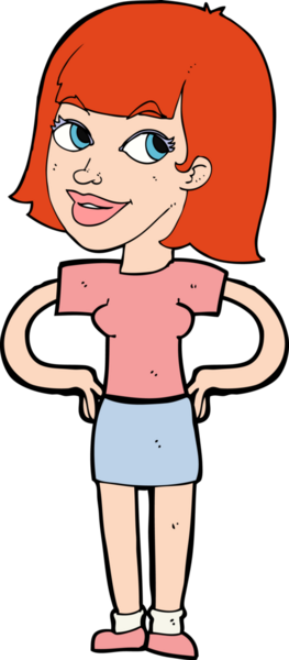 Bir insan tarafından çizilmiş elleri kalçasında mutlu bir kadın çizgi filmi.