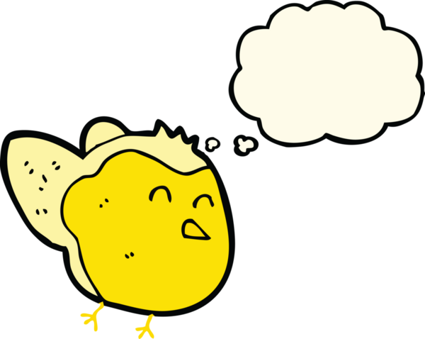 Bir insan tarafından çizilmiş düşünce baloncuklu çizgi film kuşu.