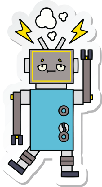 Bir insan tarafından çizilmiş arızalı sevimli bir robot karikatürü çıkartması.