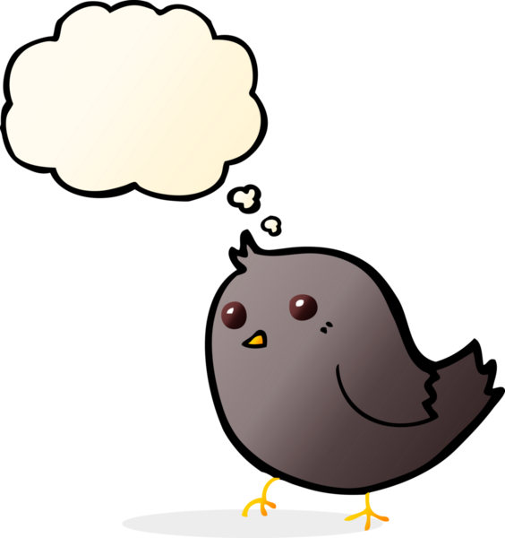 Bir insan tarafından çizilmiş düşünce baloncuklu çizgi film kuşu.