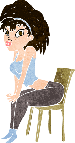 Bir insan tarafından çizilmiş sandalyede poz veren karikatür kadın.