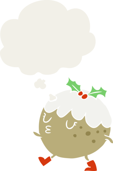 Düşünce baloncuğuyla yürüyen bir insan tarafından çizilmiş noel pudingi.