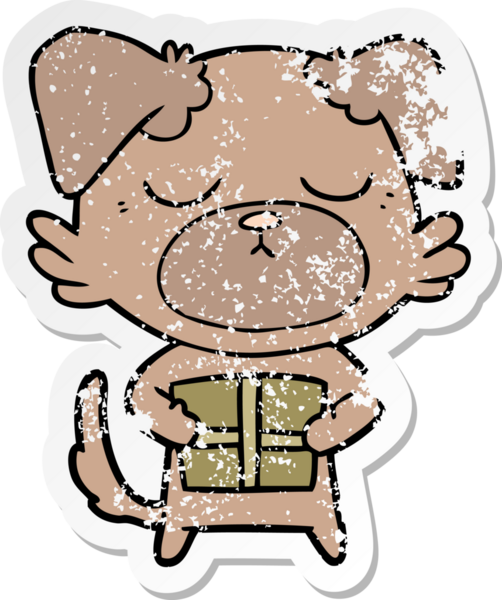 Bir insan tarafından çizilmiş noel hediyeli şirin bir köpeğin sıkıntılı çıkartması.