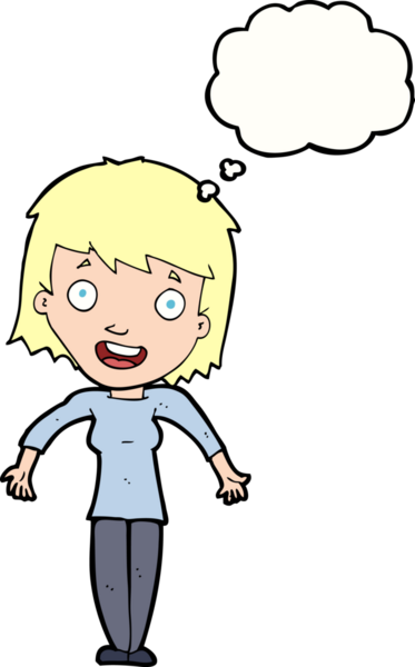 Bir insan tarafından çizilmiş düşünce baloncuğuyla omuz silken çizgi film kadını.